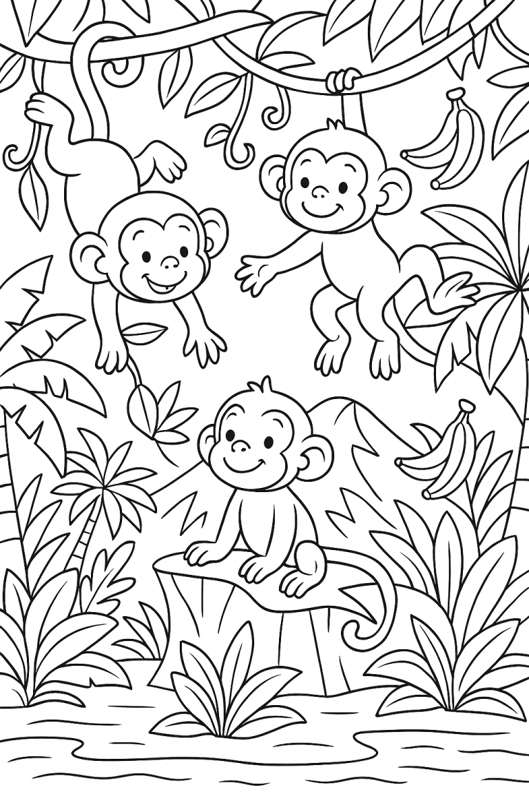 Monkeys swinging in a jungle coloring page