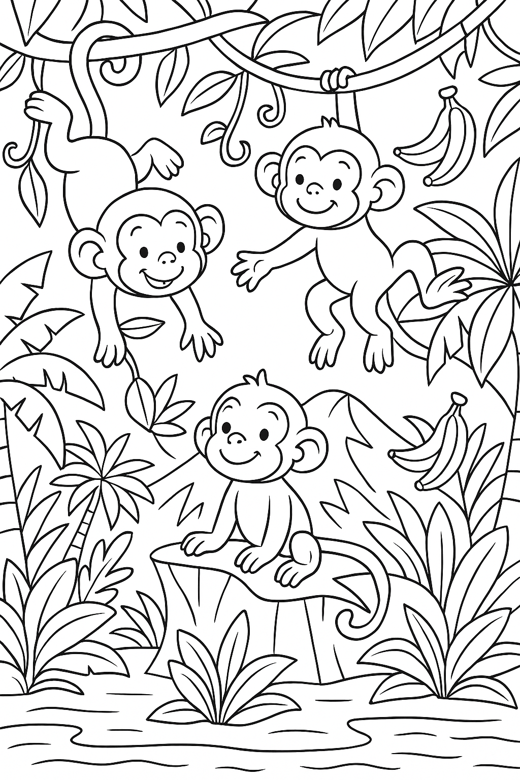 Monkeys swinging in a jungle coloring page