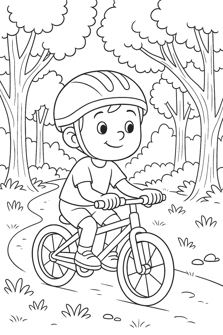 Kid biking on a path in a forest