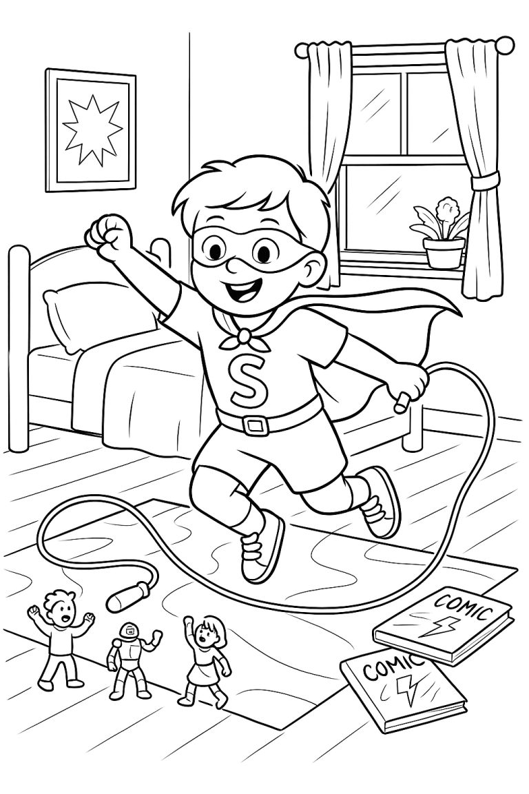 Child dressed as a superhero jumping with toys in a room