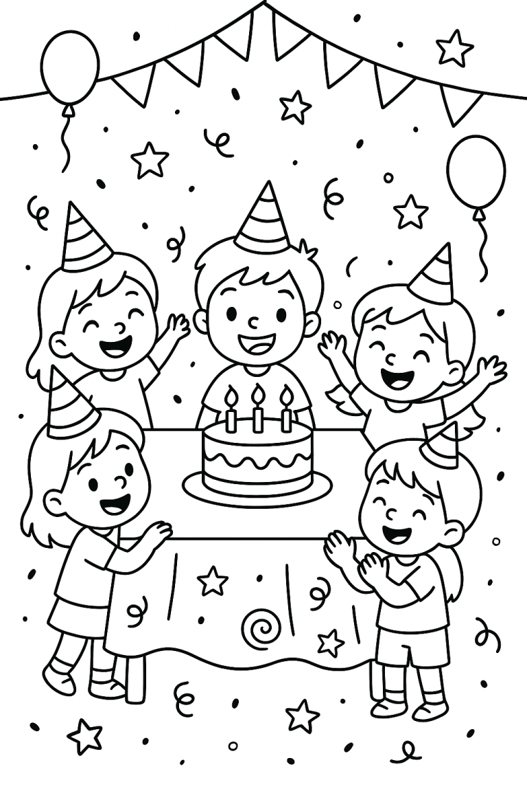 Children celebrating a birthday with a cake and decorations.