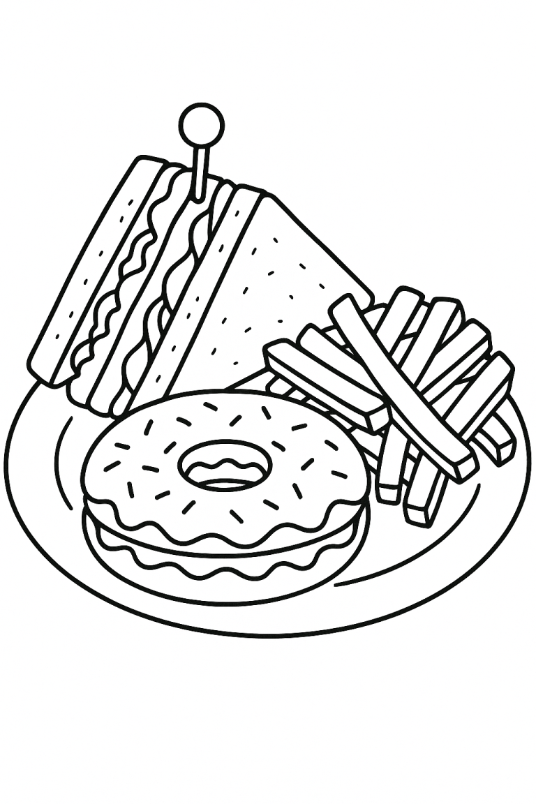 Kids coloring page of sandwich, fries, and donut