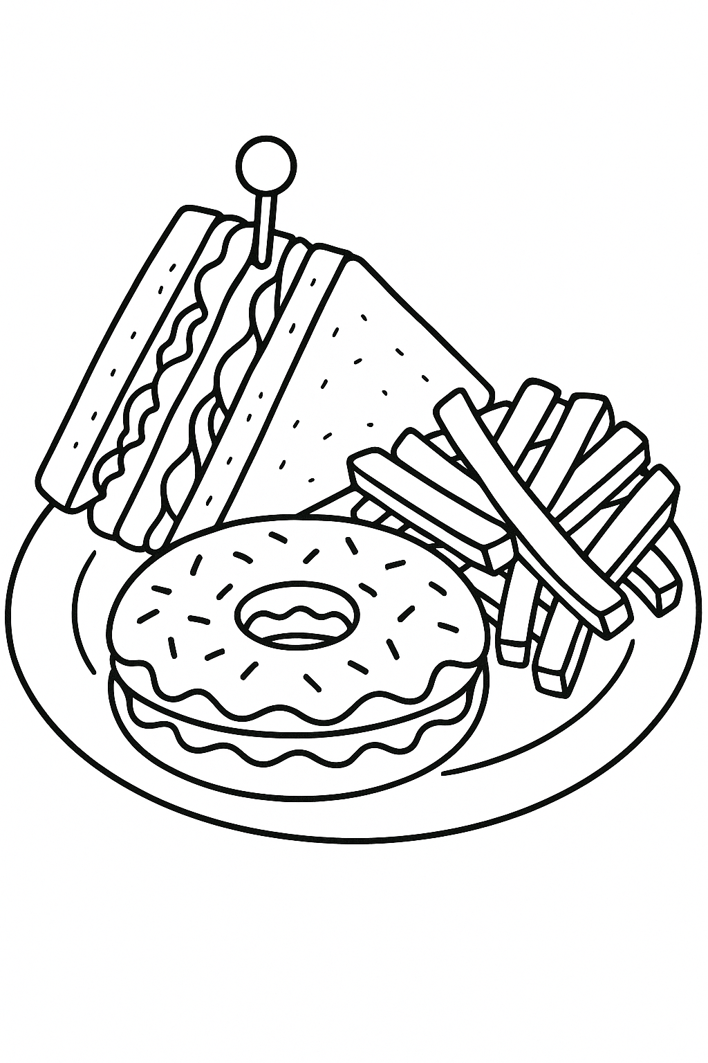Kids coloring page of sandwich, fries, and donut