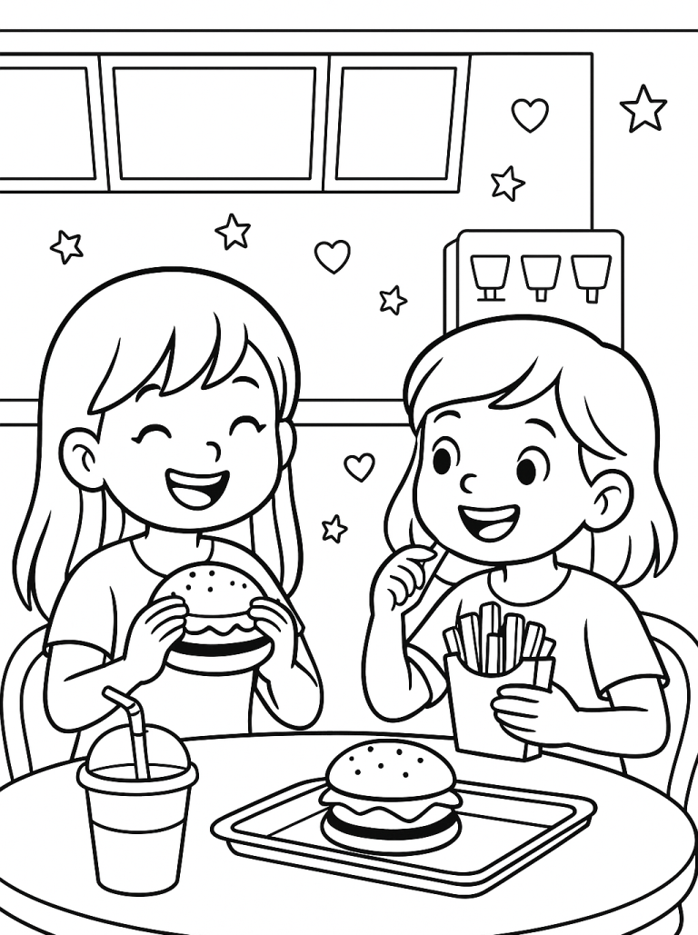 Kids enjoying burgers and fries in coloring page