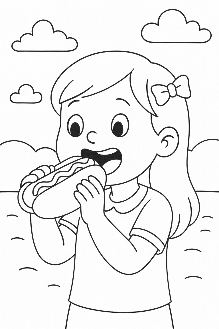Kid eating a hotdog coloring page