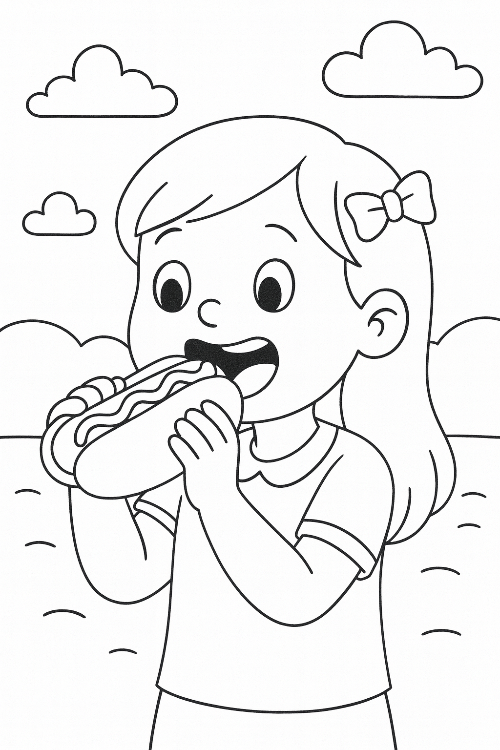 Kid eating a hotdog coloring page
