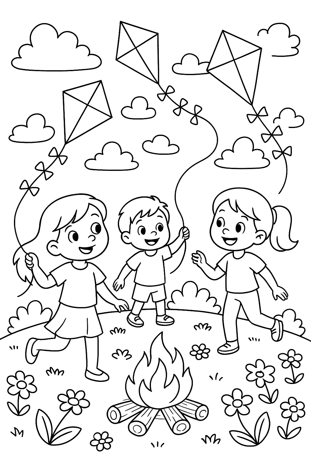Children flying kites in a field coloring page