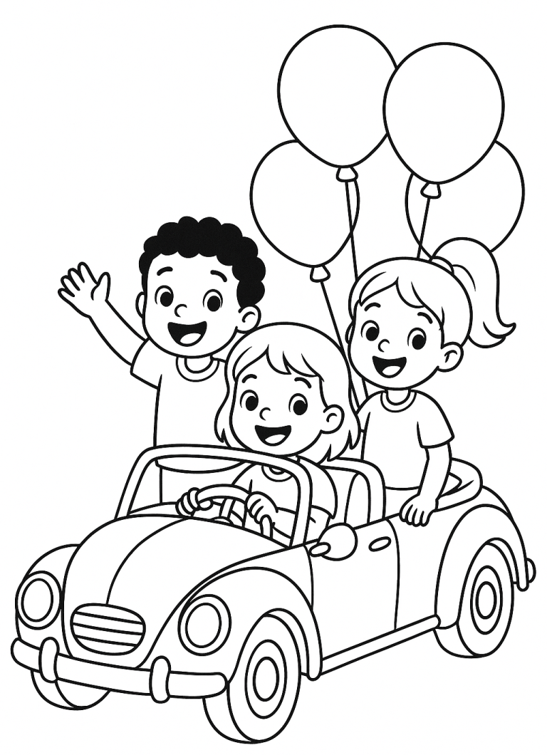 Children in a car with balloons coloring page