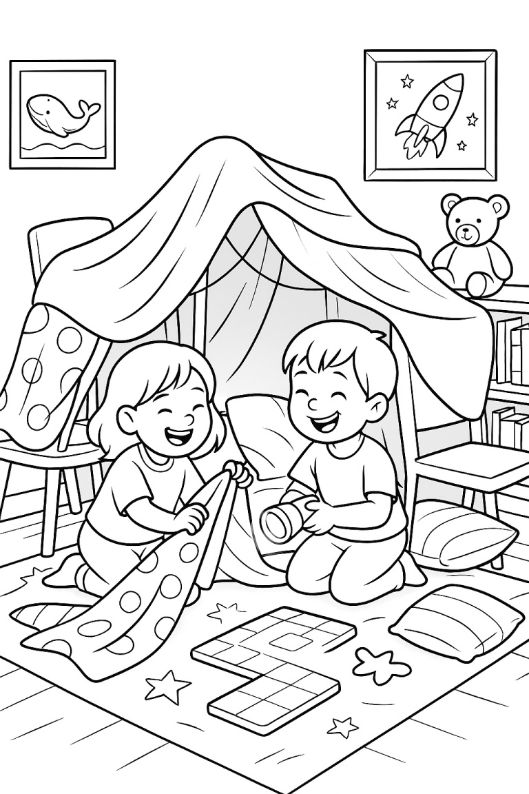 Children playing in a cozy indoor fort