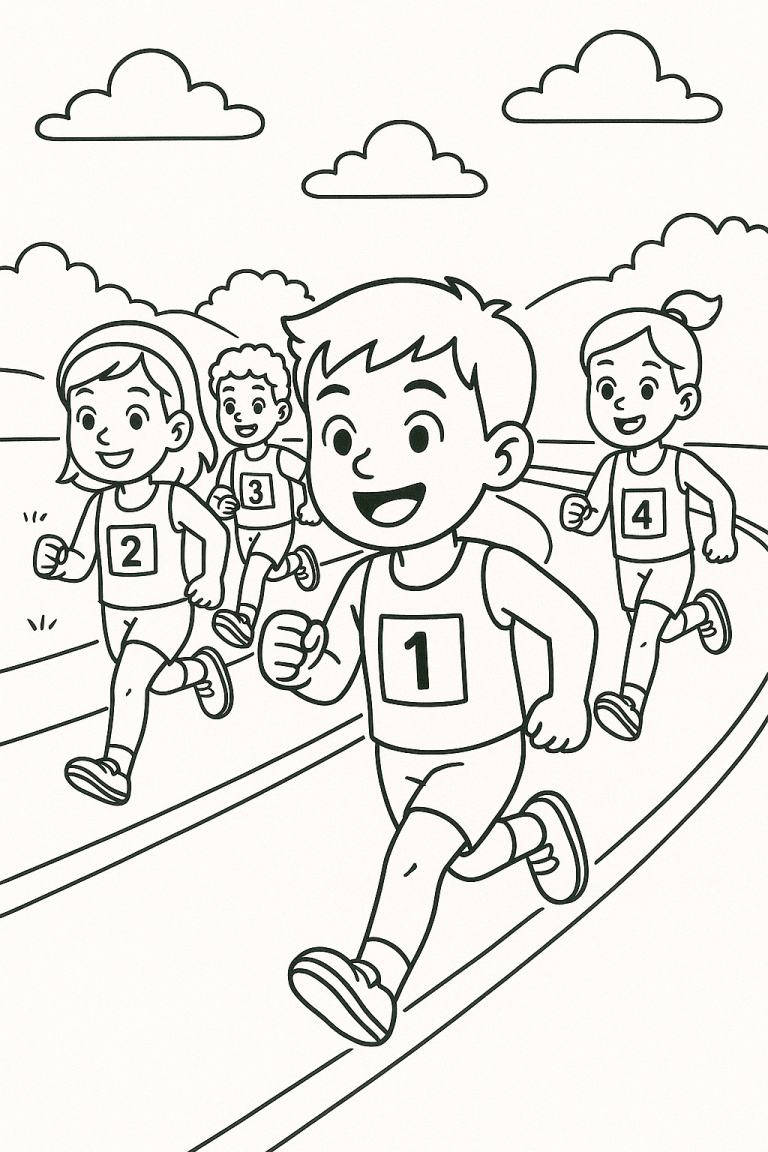 Children running a marathon on a coloring page
