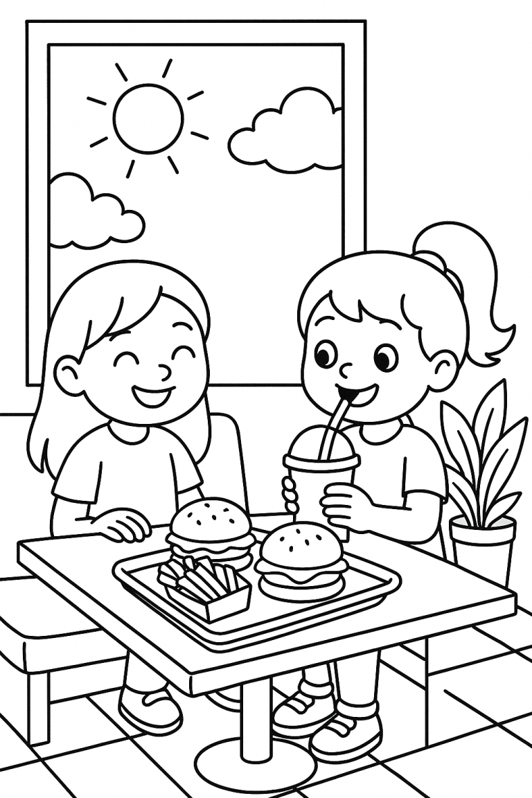 Children enjoying burgers and fries at a table