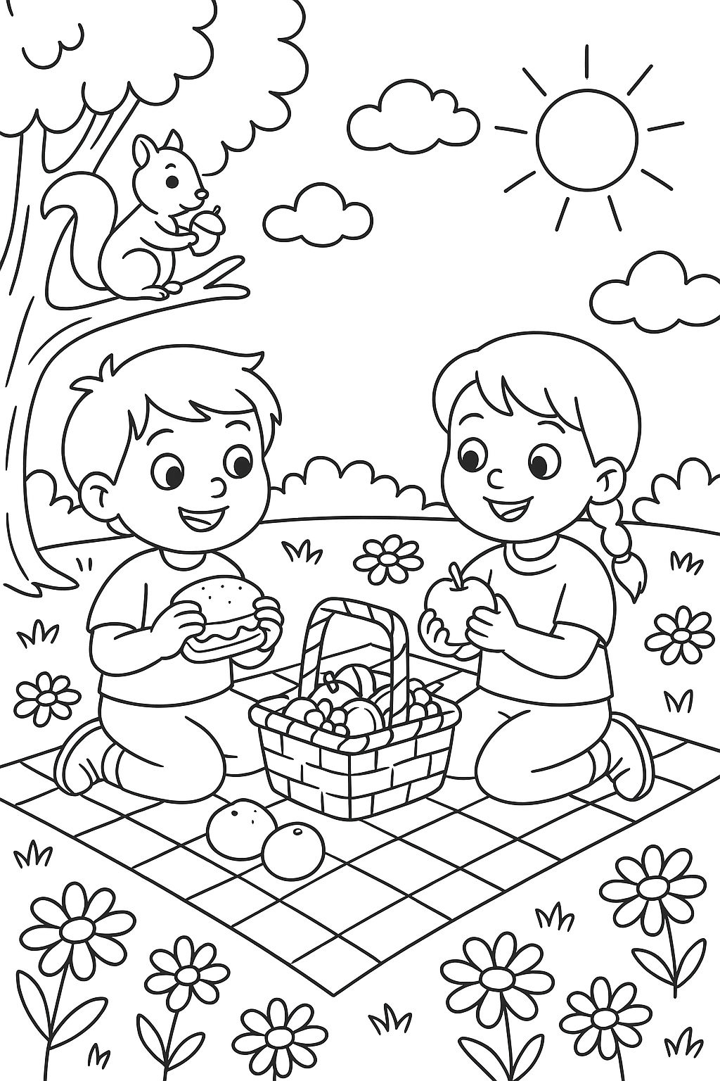 Kids picnic with food and a squirrel in the background