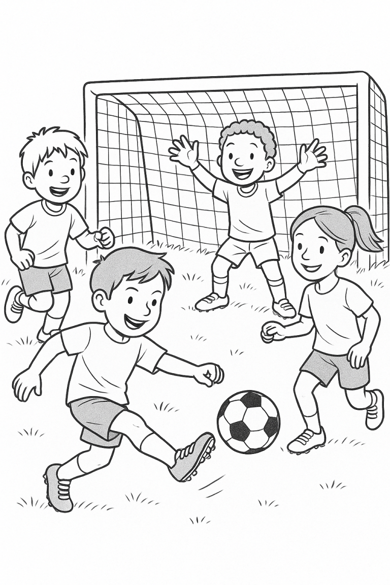 Children playing soccer in a field