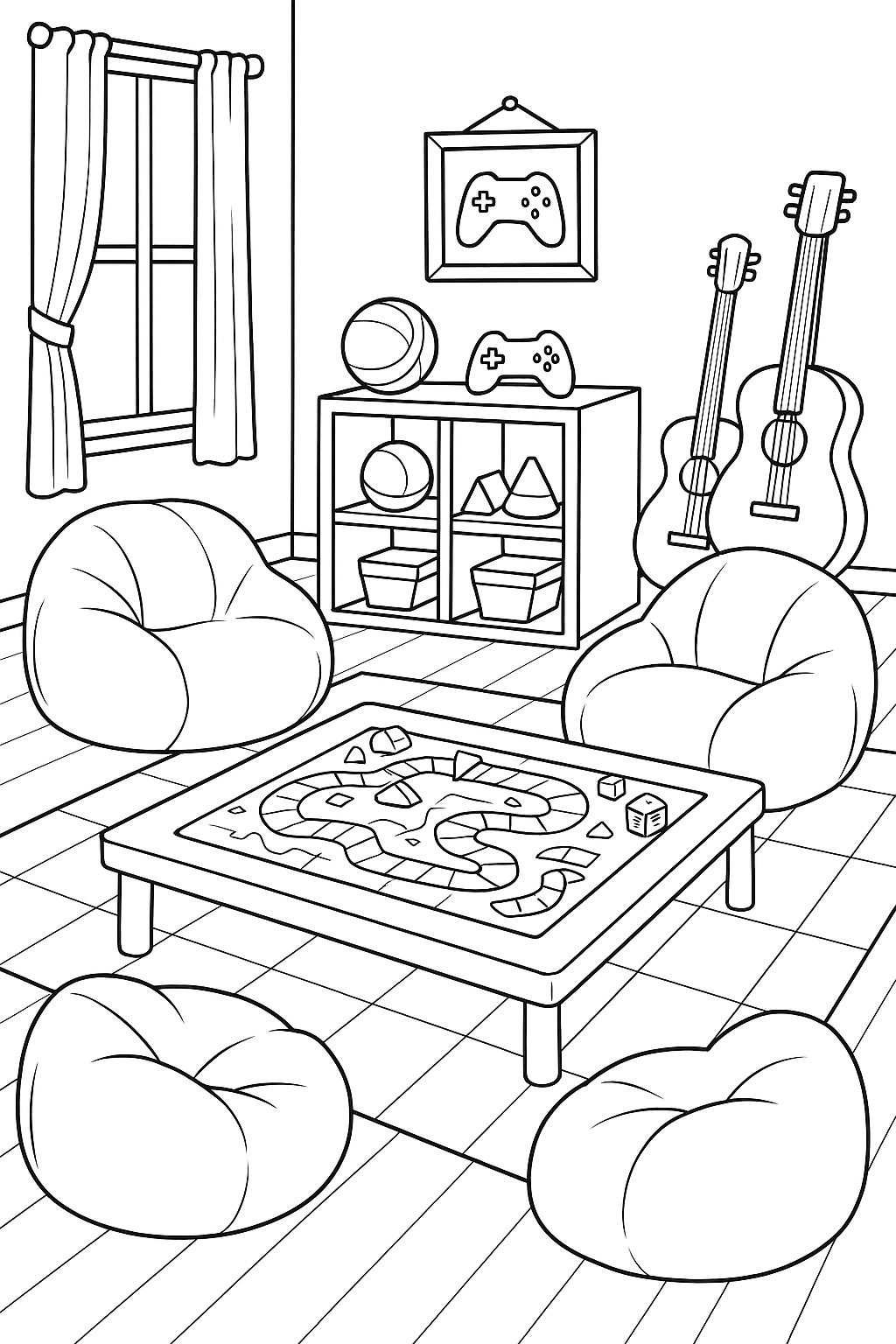 Kids playroom coloring page with bean bags and games
