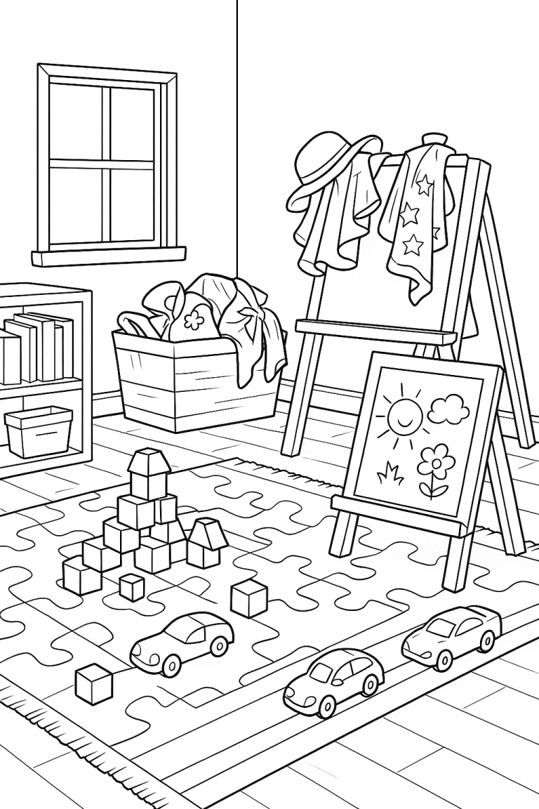 Kids playroom coloring page with toys and drawings