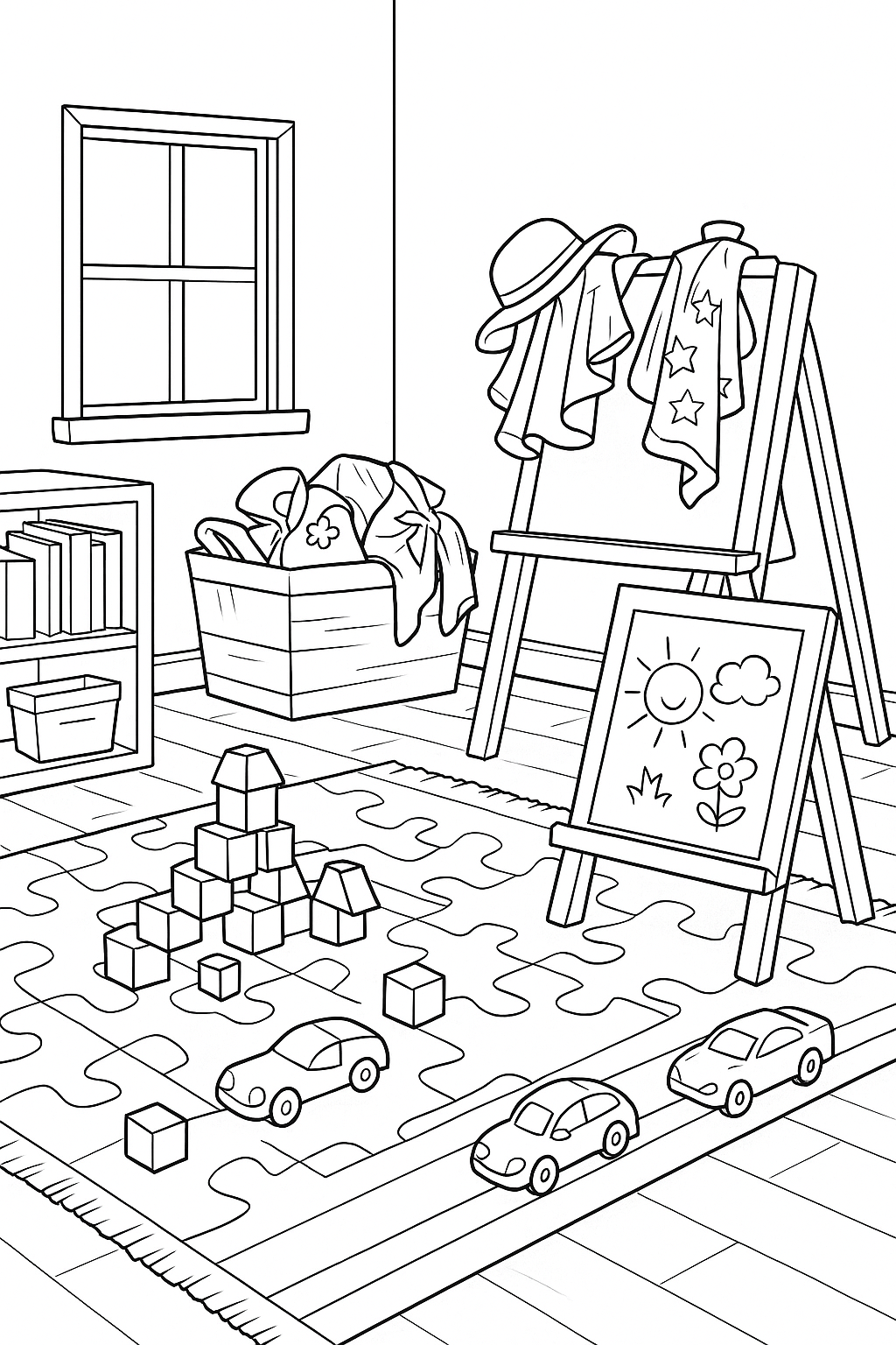 Kids playroom coloring page with toys and drawings
