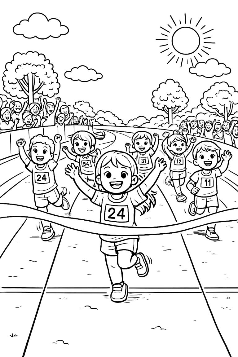 Children racing on a track with cheering crowd