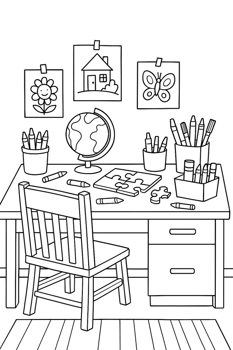Coloring page of a kids study area with desk, chair, and crayons.