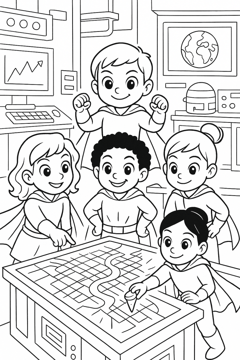 Children in a futuristic control room planning an adventure.