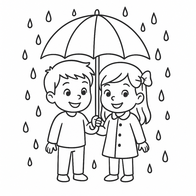 Kids sharing an umbrella coloring page