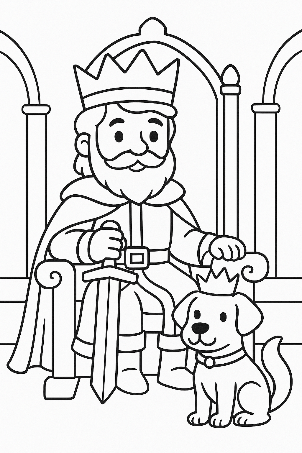 King sitting on throne with crown-wearing dog