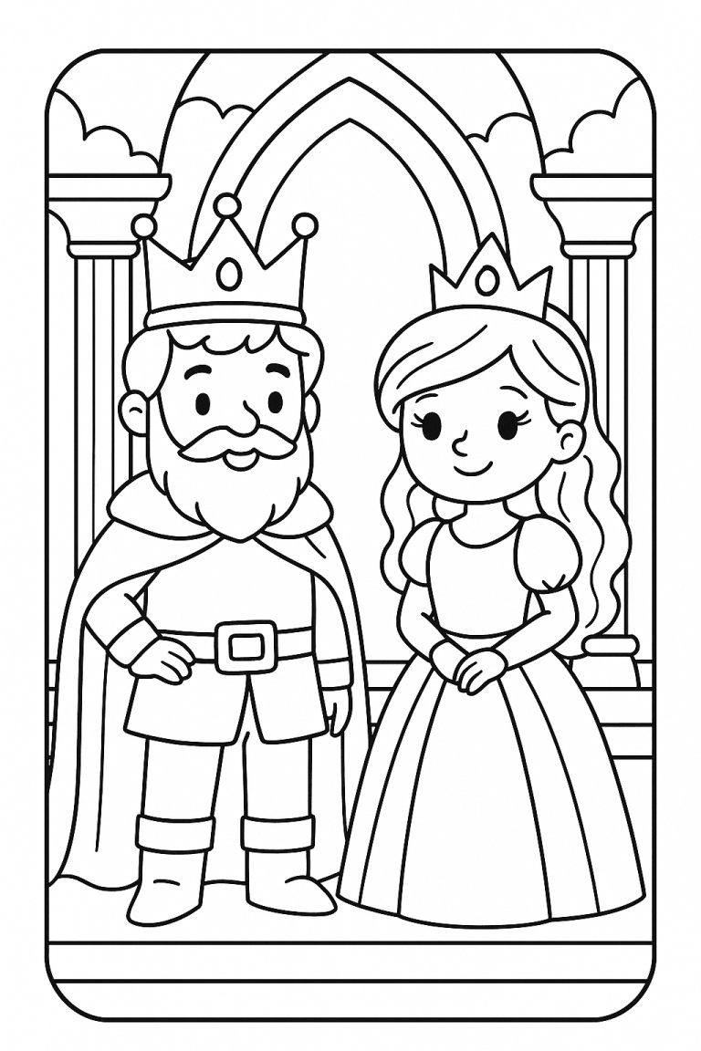 Coloring page with a king and queen in a castle