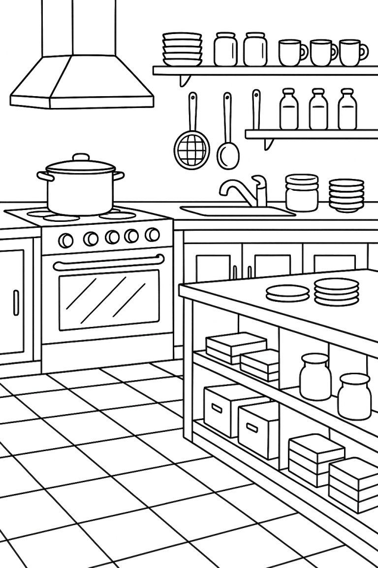 Detailed kitchen coloring page with oven and shelves.