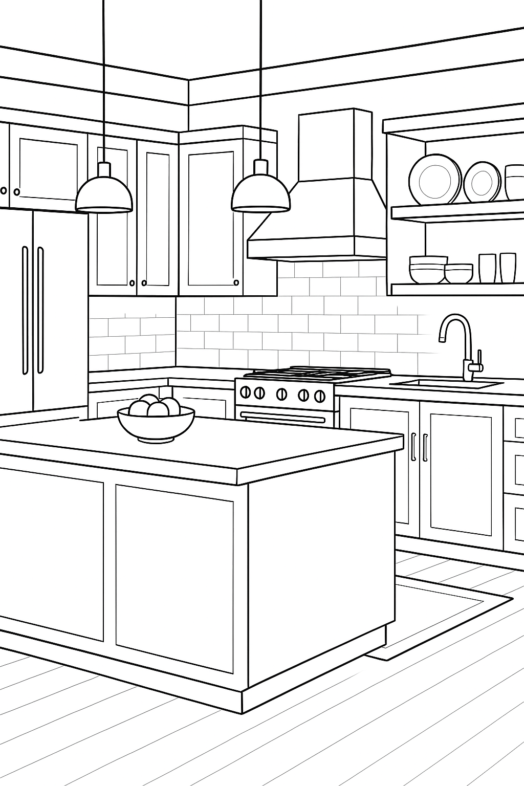 Line art of a modern kitchen for coloring