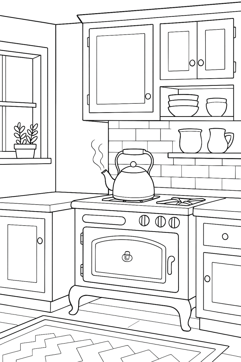 Children's coloring page of a kitchen with a stove.
