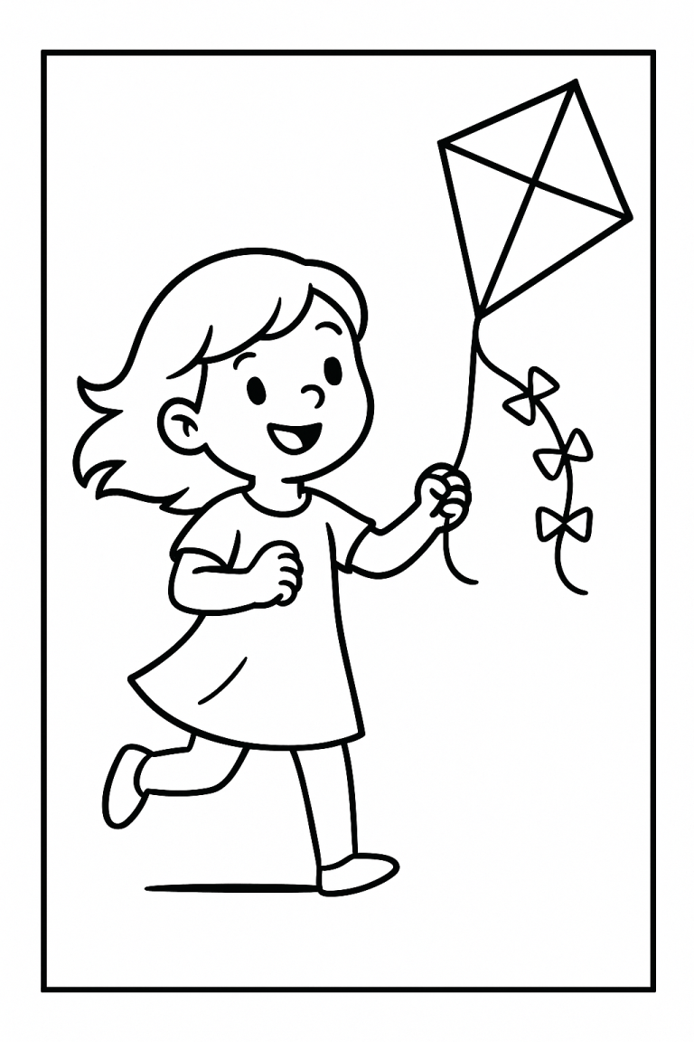 Girl running with a kite coloring page