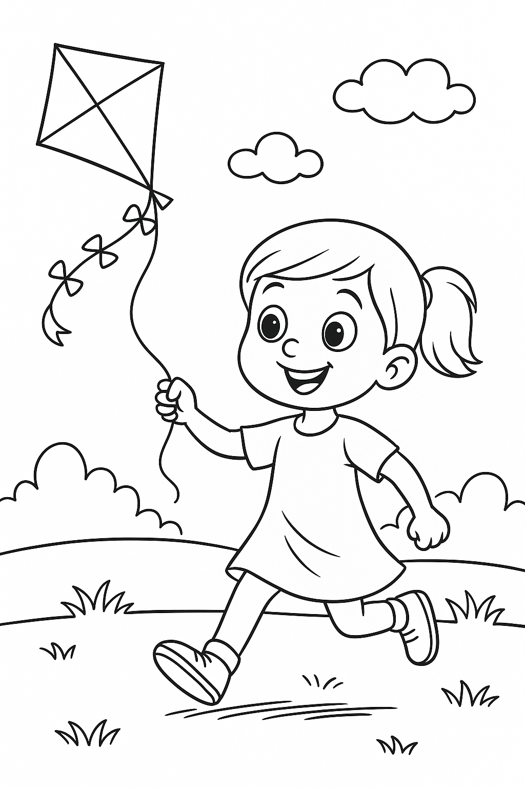 Child flying a kite in a field coloring page