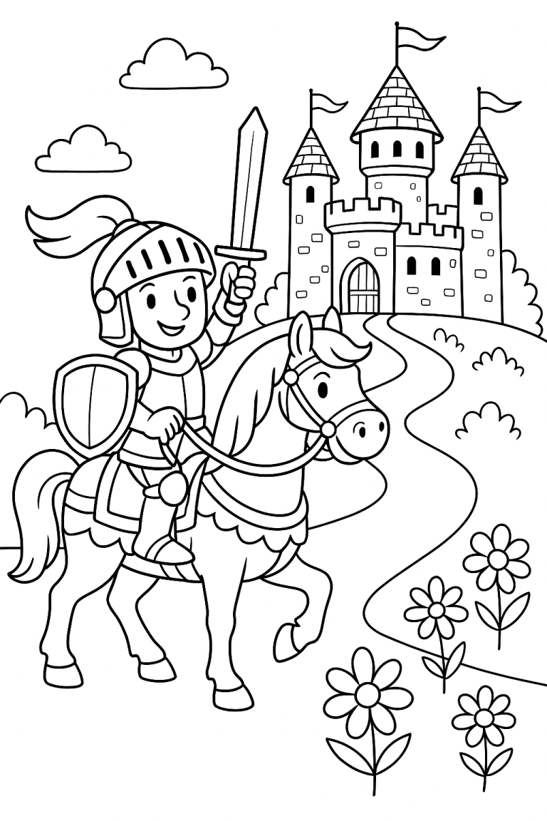 Knight on horseback approaching a castle