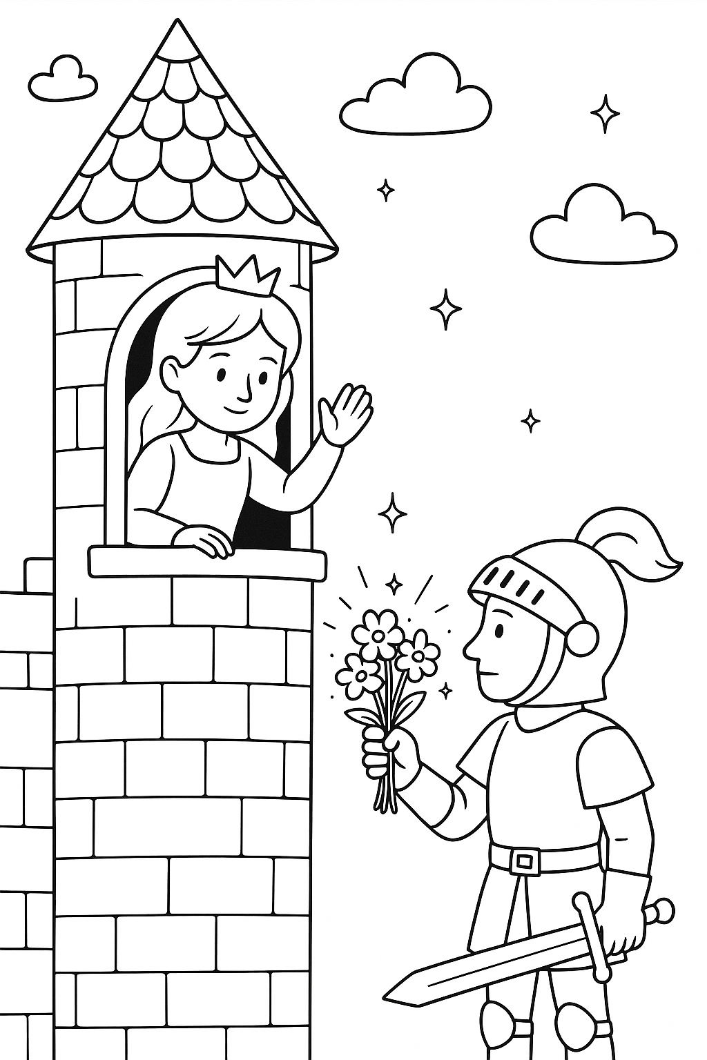 Knight presenting flowers to princess in a castle tower