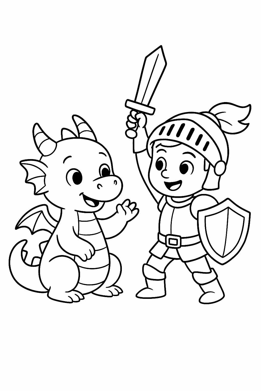 A knight and a dragon on a coloring page
