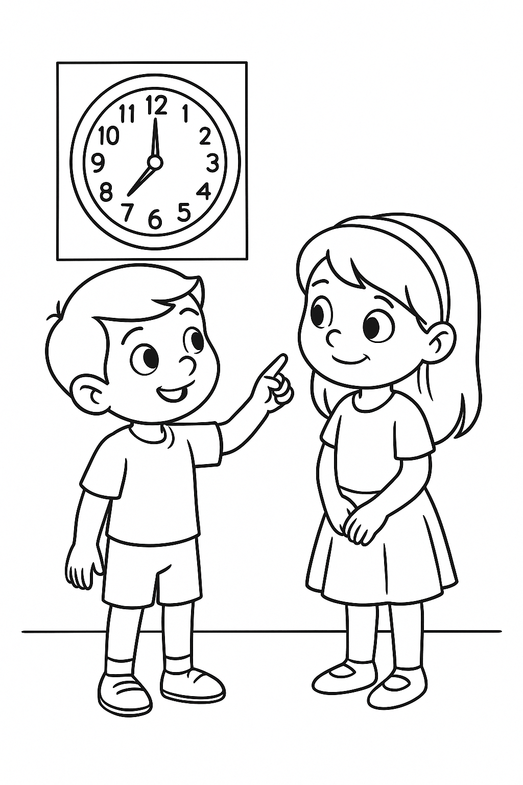 Two children looking at a clock