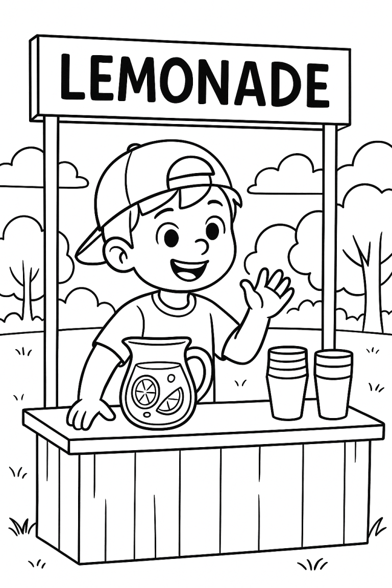 Child at lemonade stand with a pitcher and cups