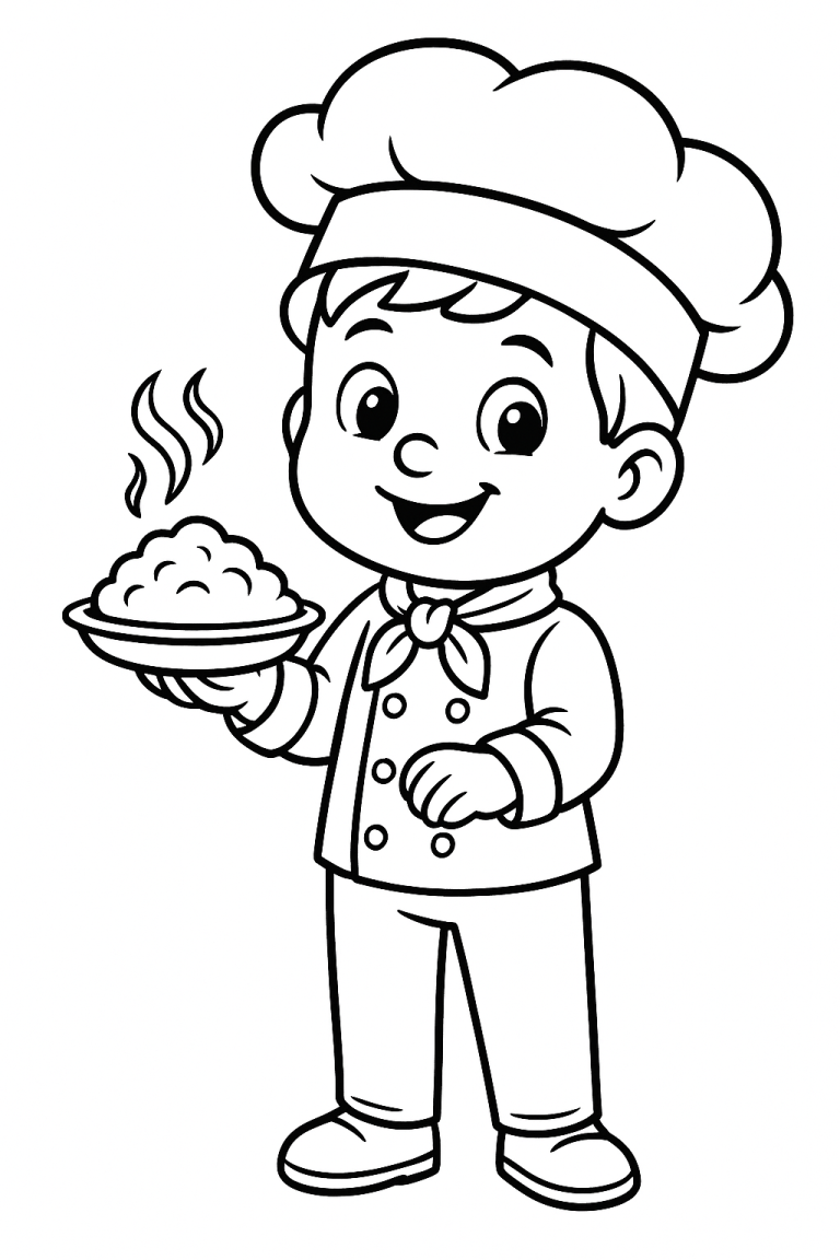 Little chef holding a dish coloring page
