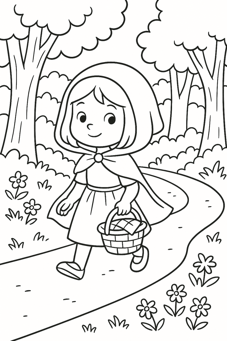 Little Red Riding Hood walking through woods coloring page
