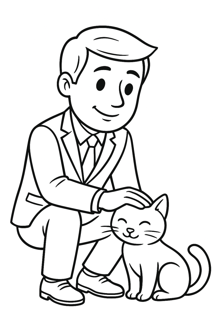 Man petting a smiling cat coloring page