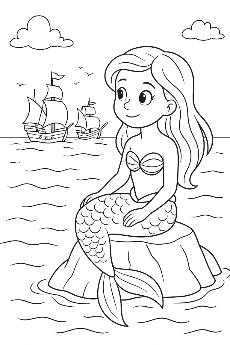 Mermaid coloring page with ocean and ships