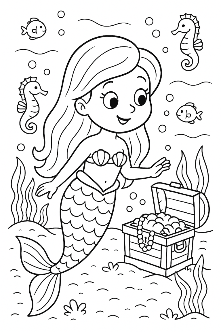 Mermaid coloring page with treasure chest