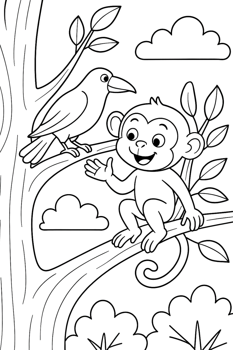 Monkey and bird on a tree coloring page