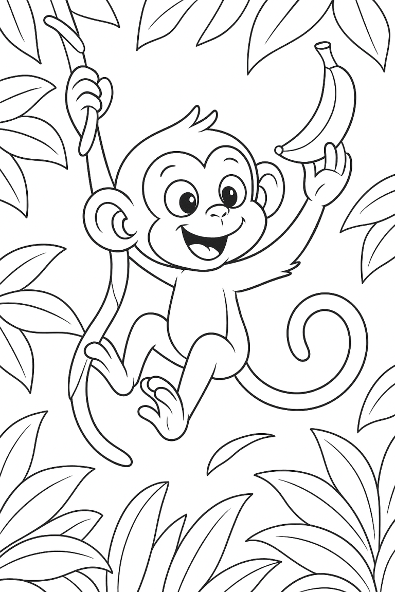 Monkey swinging with banana coloring page