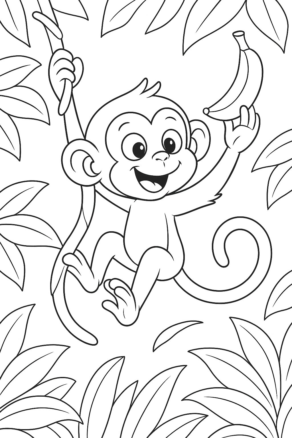 Monkey swinging with banana coloring page