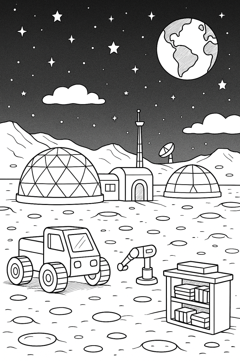 Moon colony scene with domes and rover