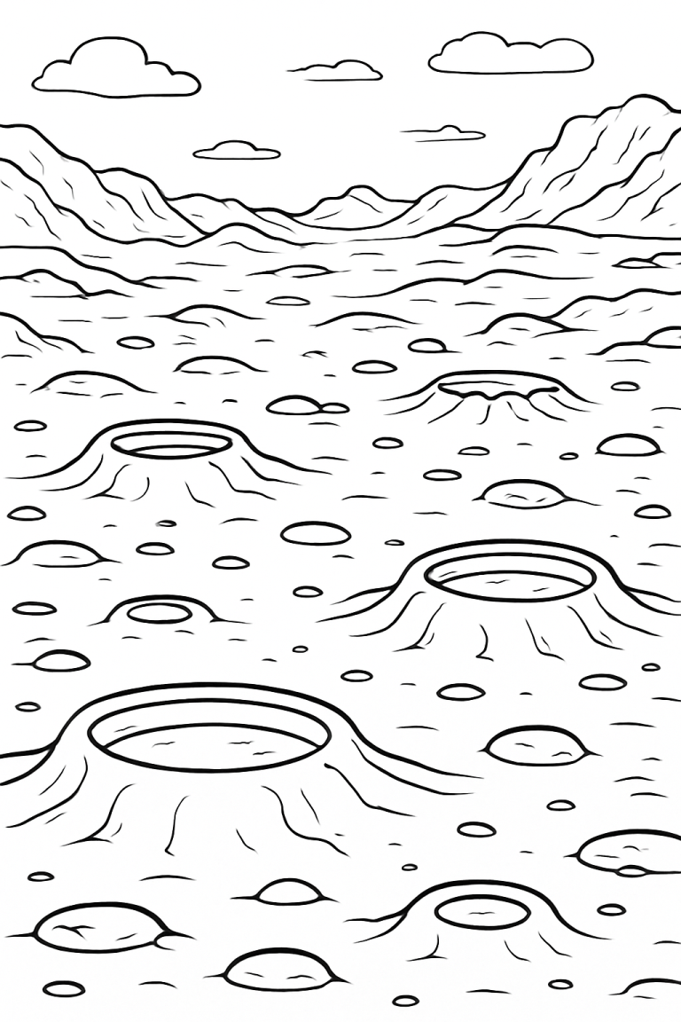 Moon landscape coloring page with craters and mountains