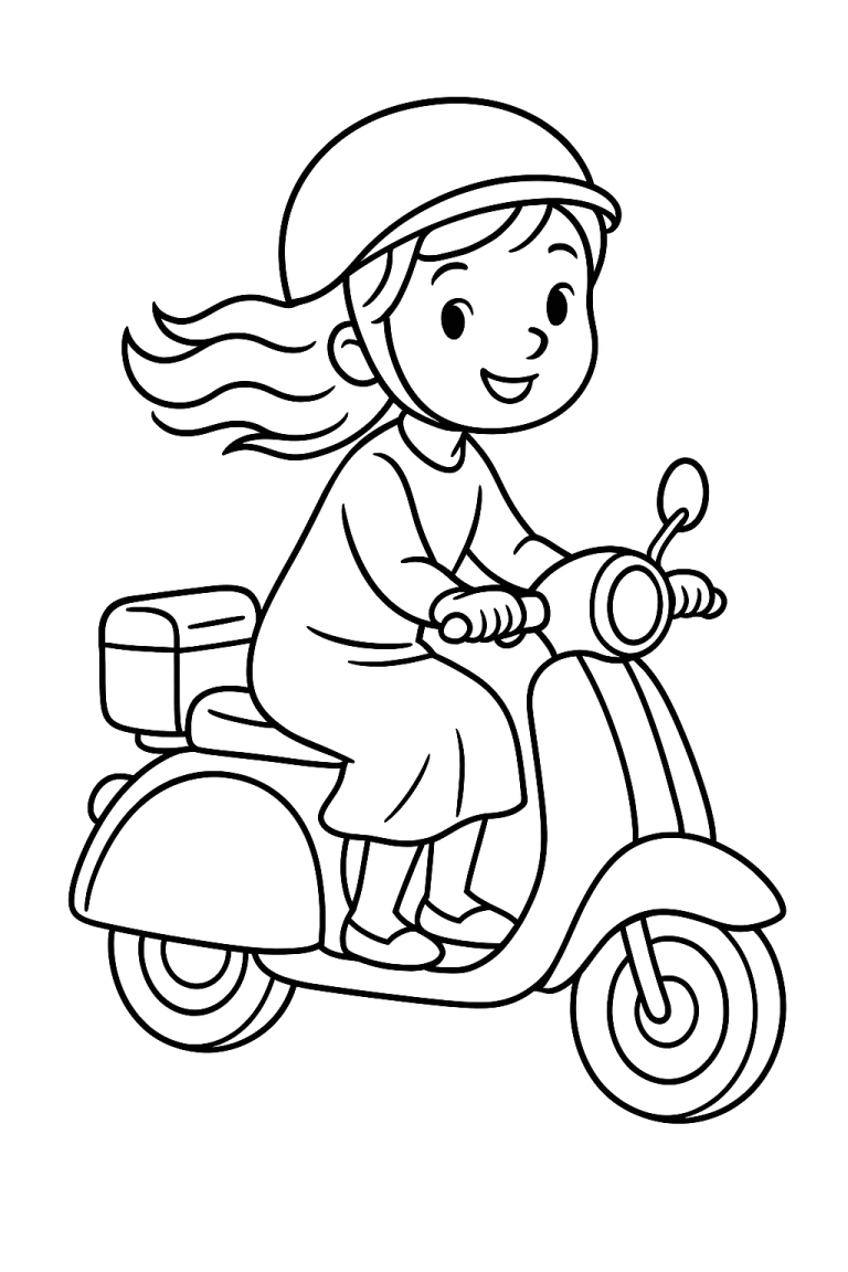 Child riding a moped in a coloring page