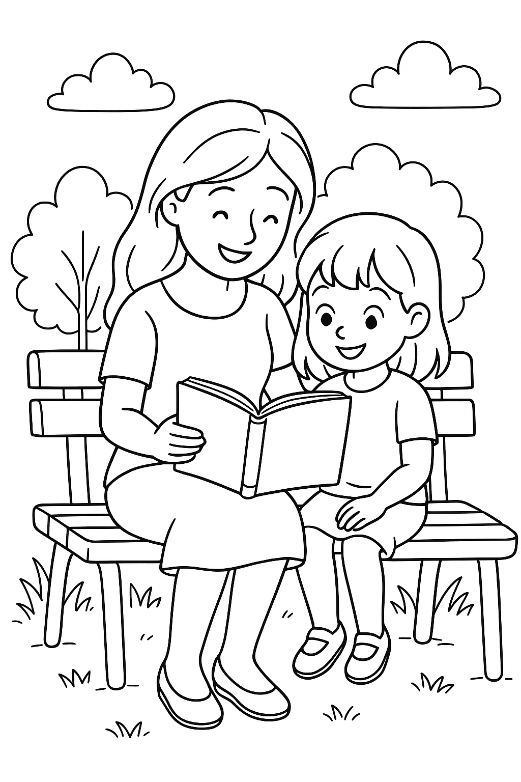 Mother and daughter reading on a bench coloring page
