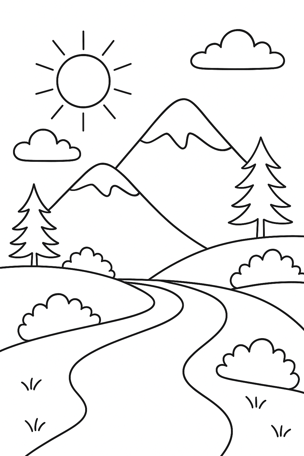 Mountain landscape coloring page with trees and sun