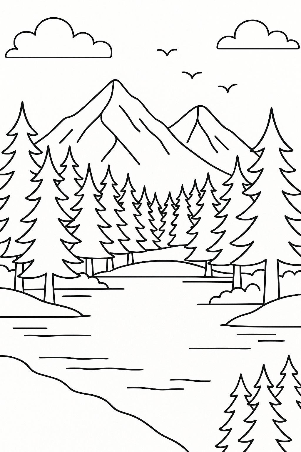 Mountain landscape with trees and a river coloring page